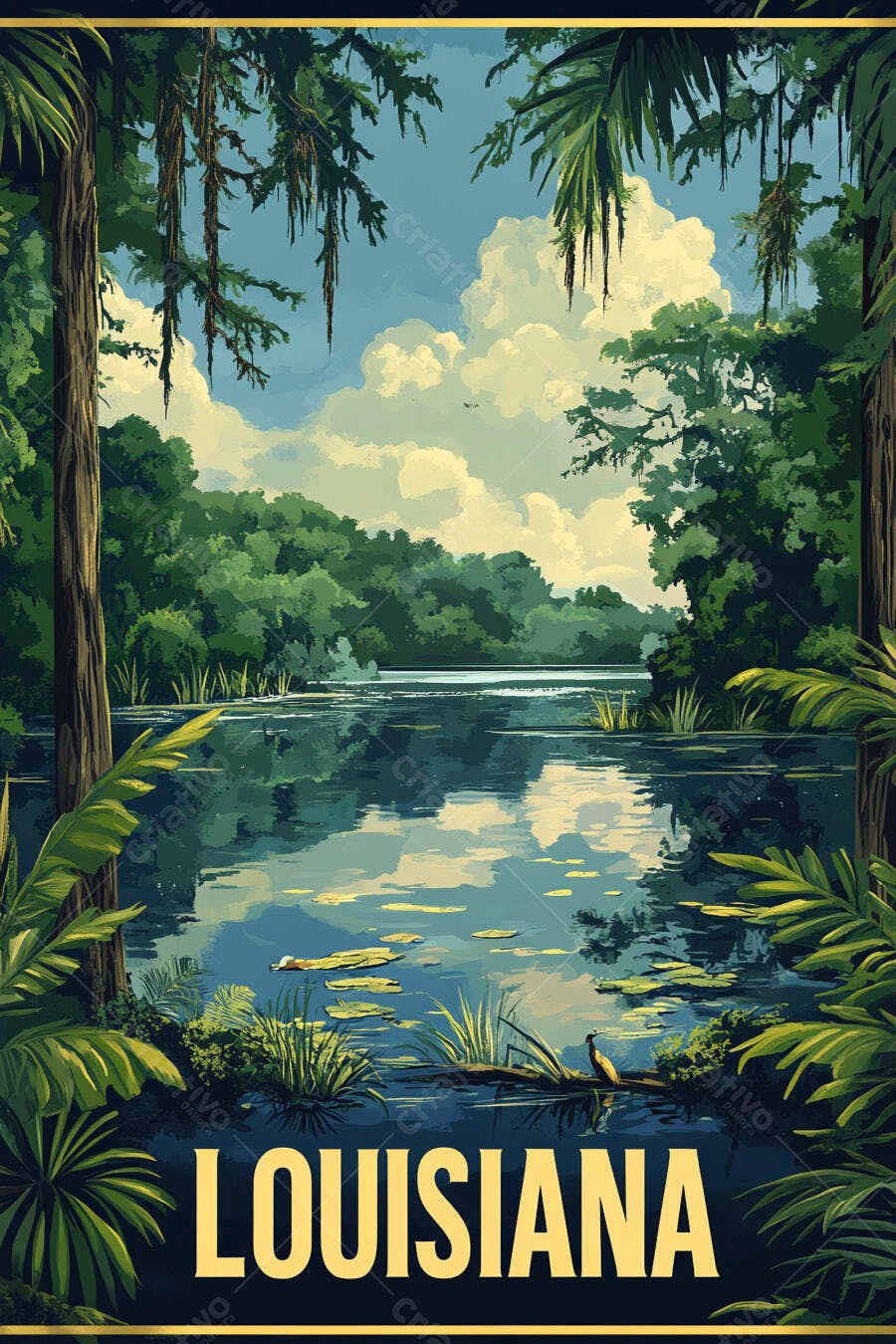 Ilustração pântano Louisiana com vegetação densa e reflexos na água calma