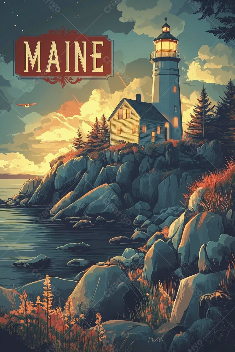 Farol e paisagem costeira rochosa do Maine ao pôr do sol laranja