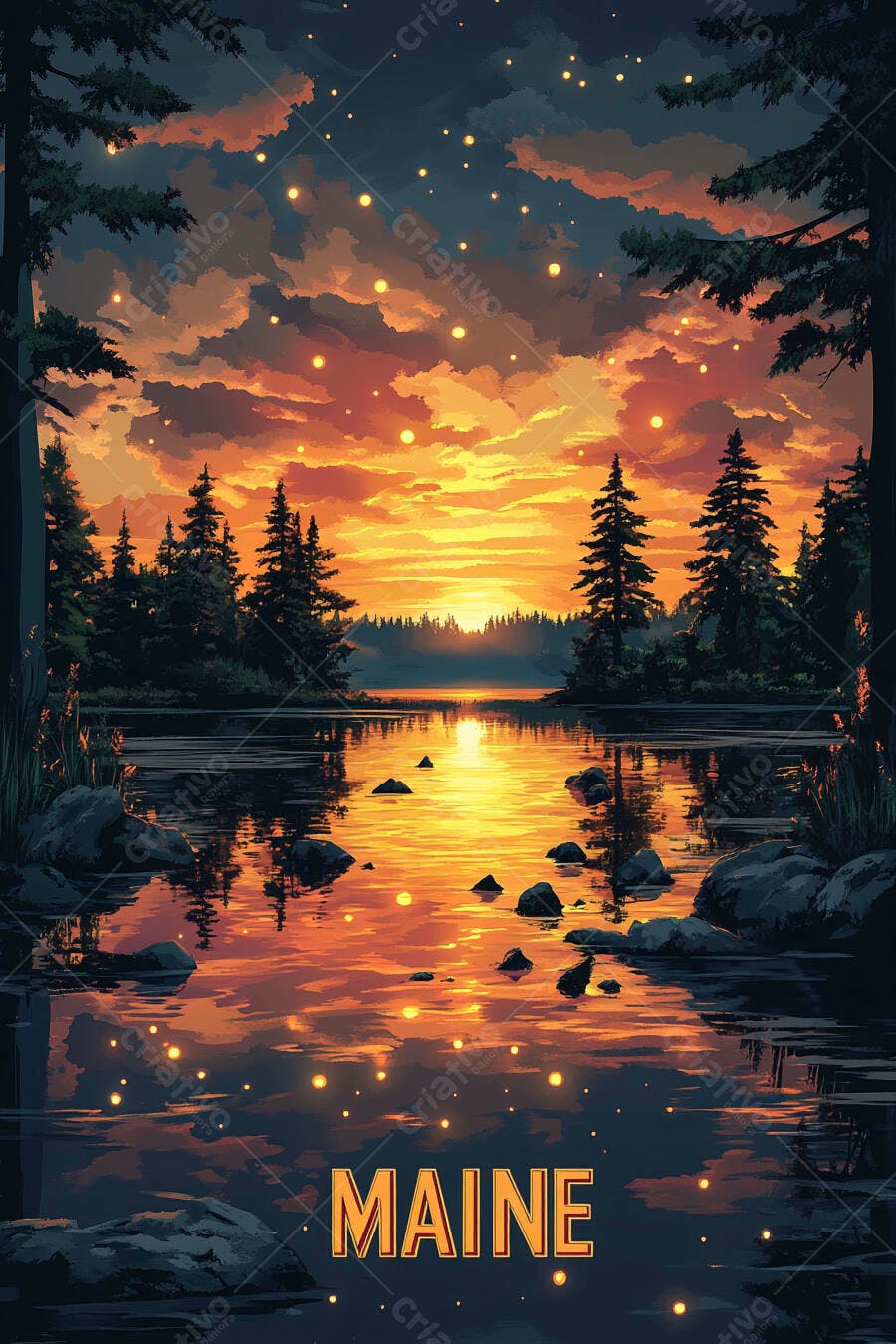 Pôr do sol mágico no lago de Maine com pinheiros e luzes brilhantes