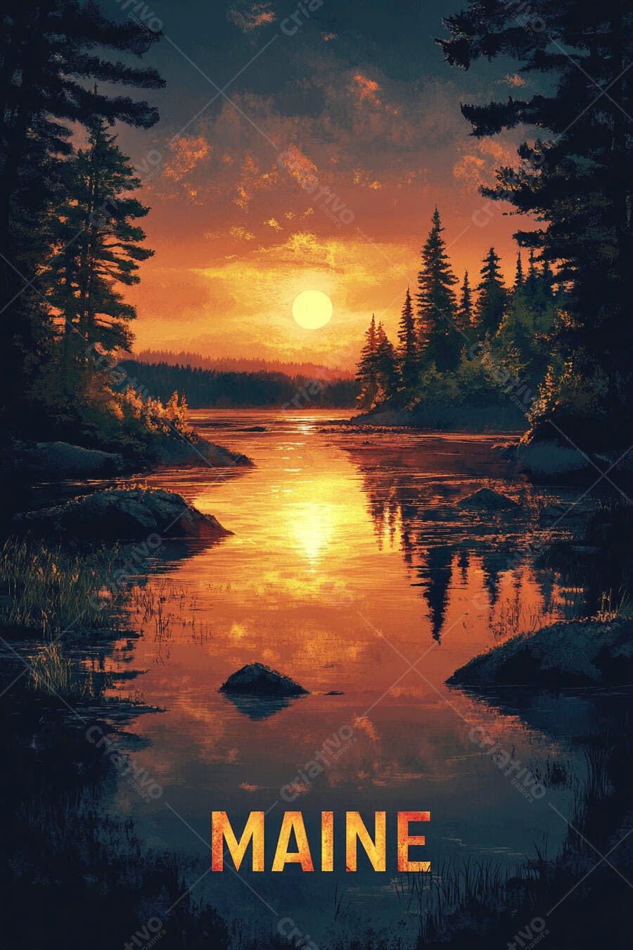 Pôr do sol alaranjado sobre lago de Maine com floresta de pinheiros e reflexo