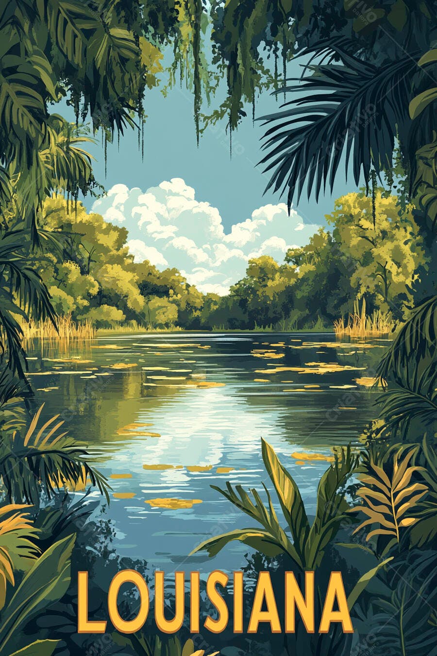 Paisagem exuberante do pântano de Louisiana com folhagem densa e céu azul