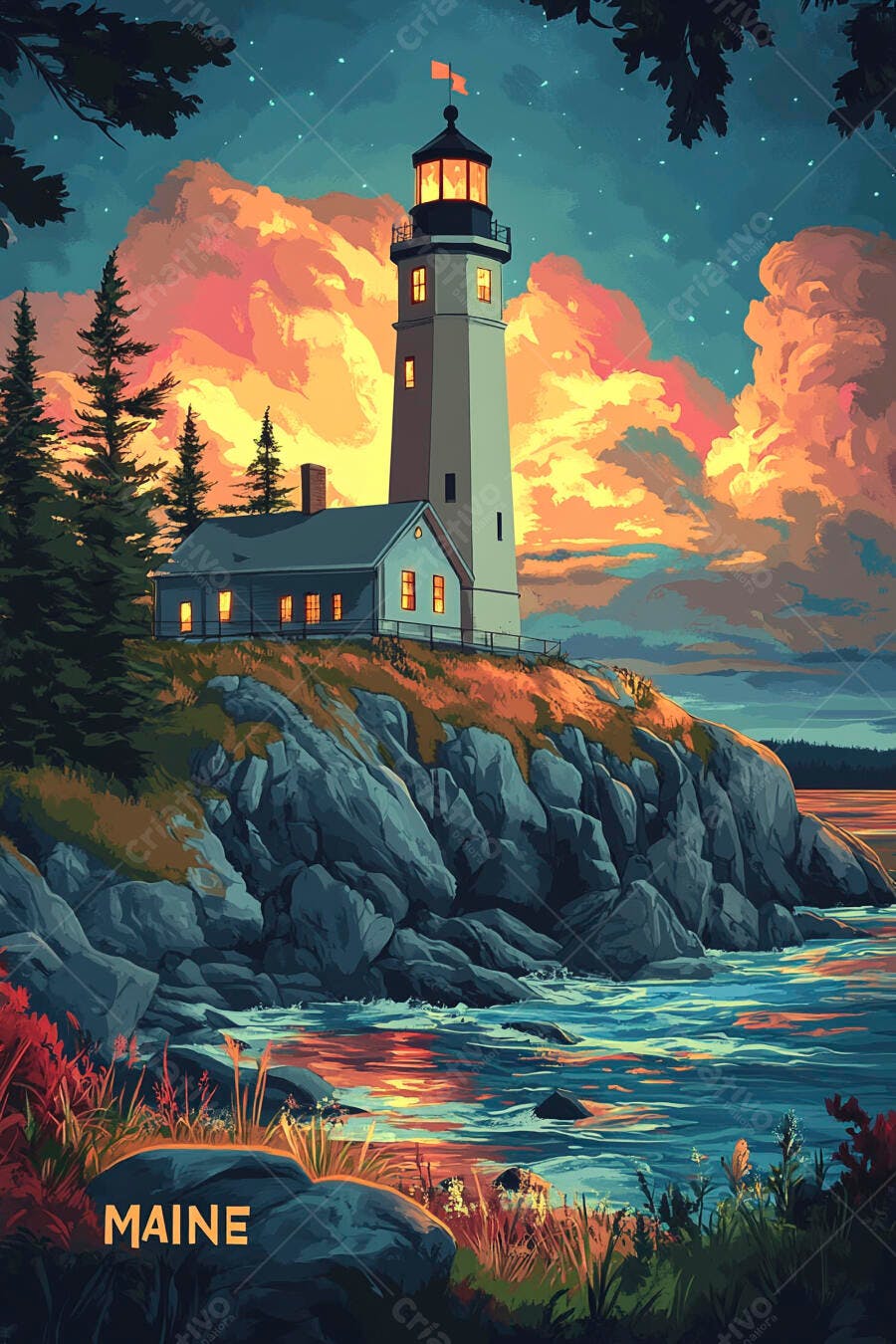 Farol de Maine no penhasco rochoso ao pôr do sol dramático