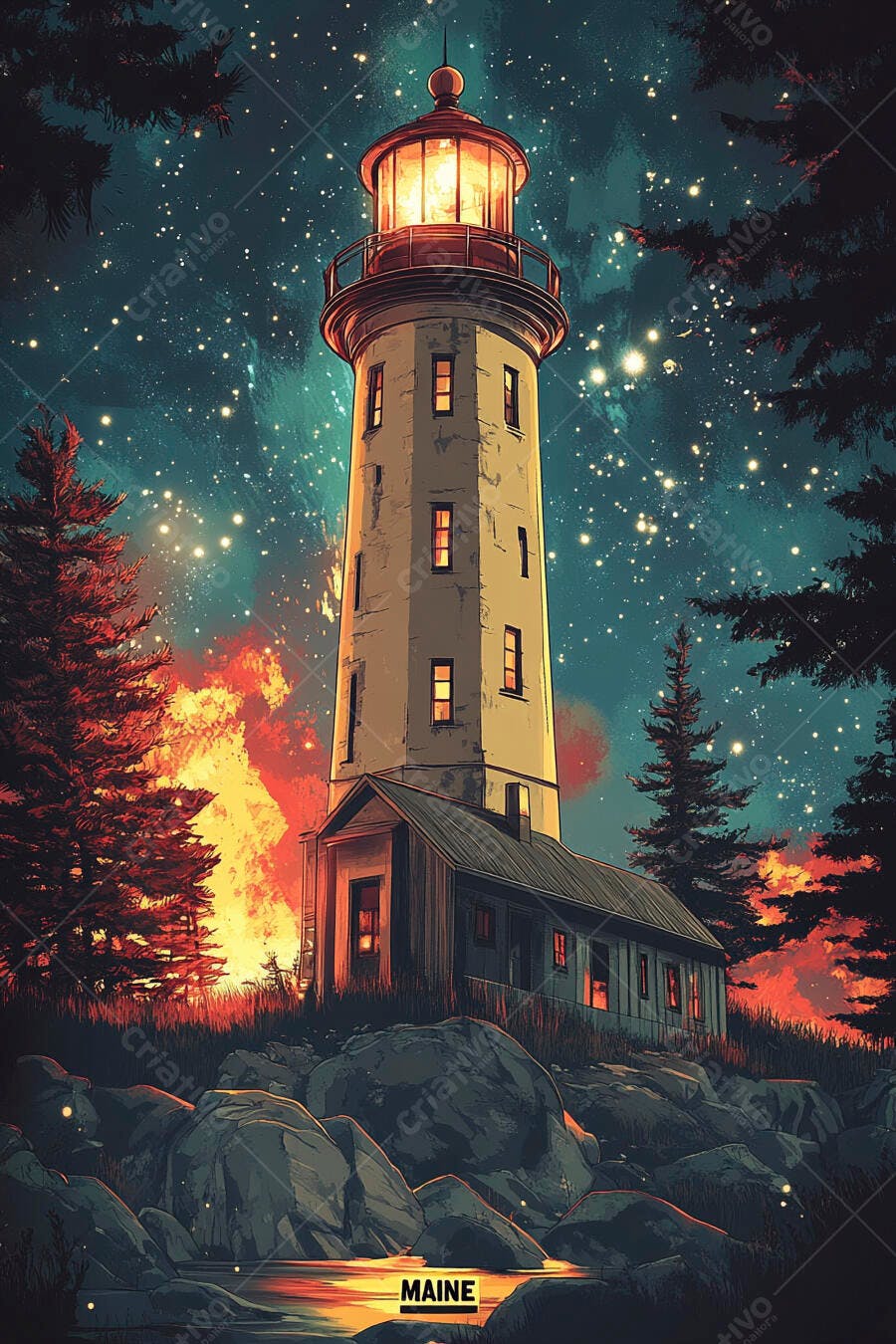 Farol iluminado com céu estrelado dramático sobre rochas e mar ao anoitecer