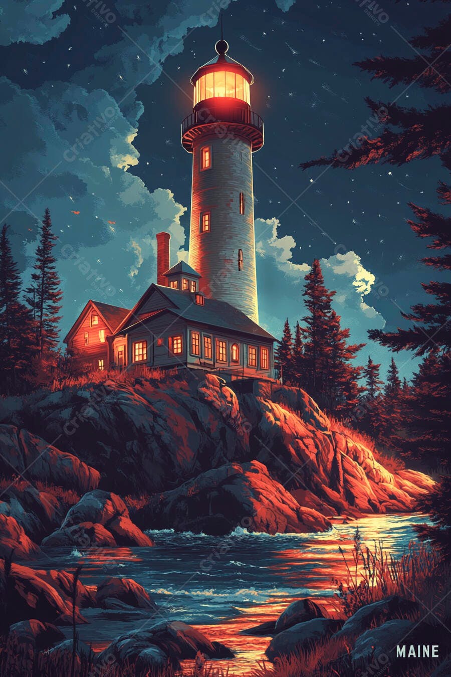 Farol e casas iluminadas em costa rochosa do Maine à noite