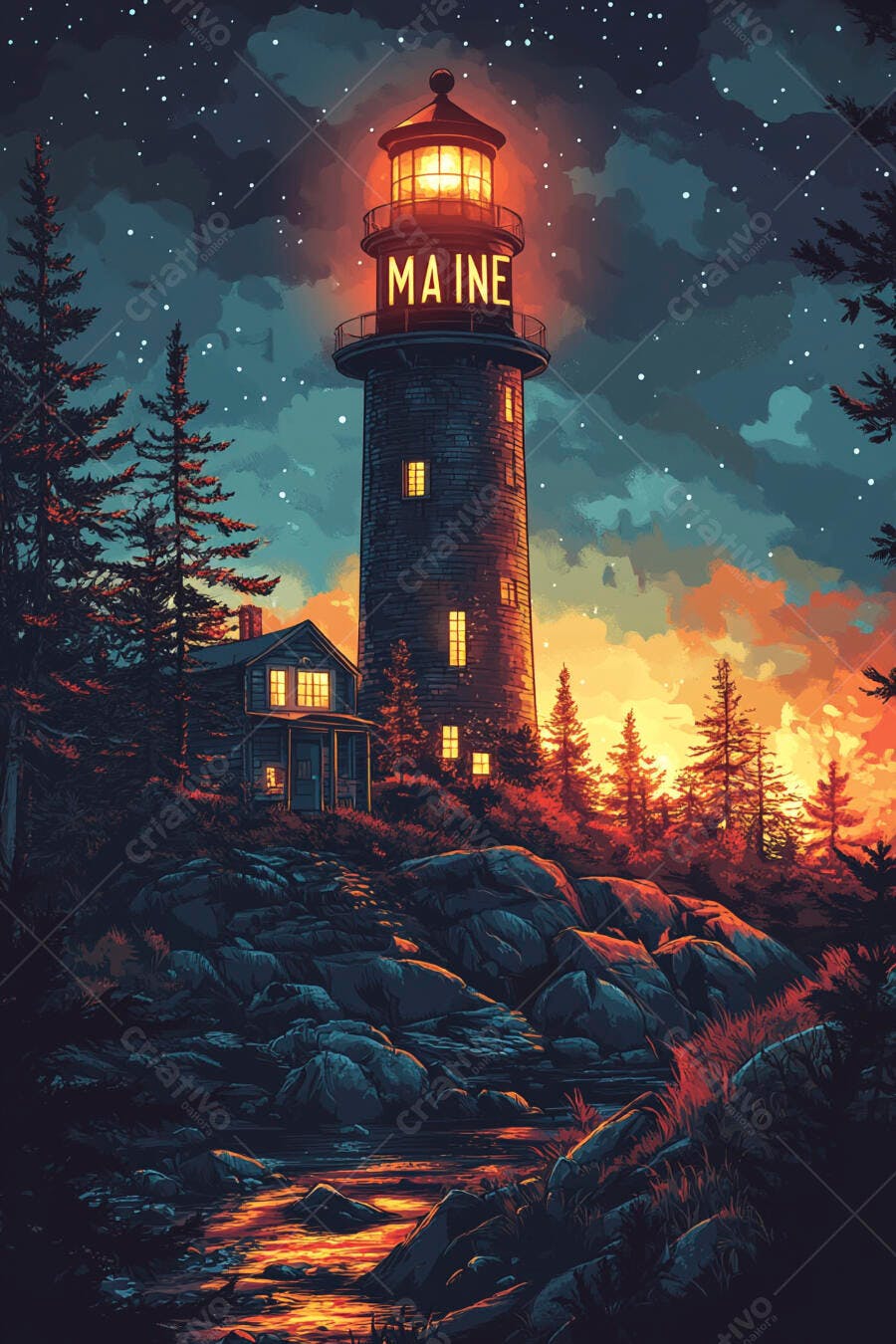Farol Maine iluminado casa e floresta rochosa sob céu estrelado ao anoitecer