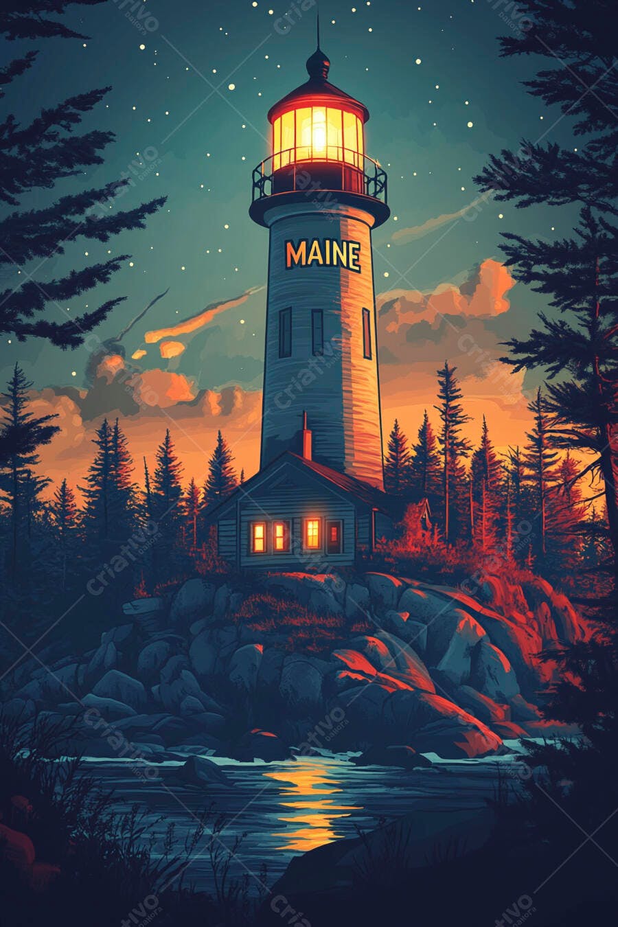 Farol do Maine na costa rochosa com floresta ao anoitecer estrelado