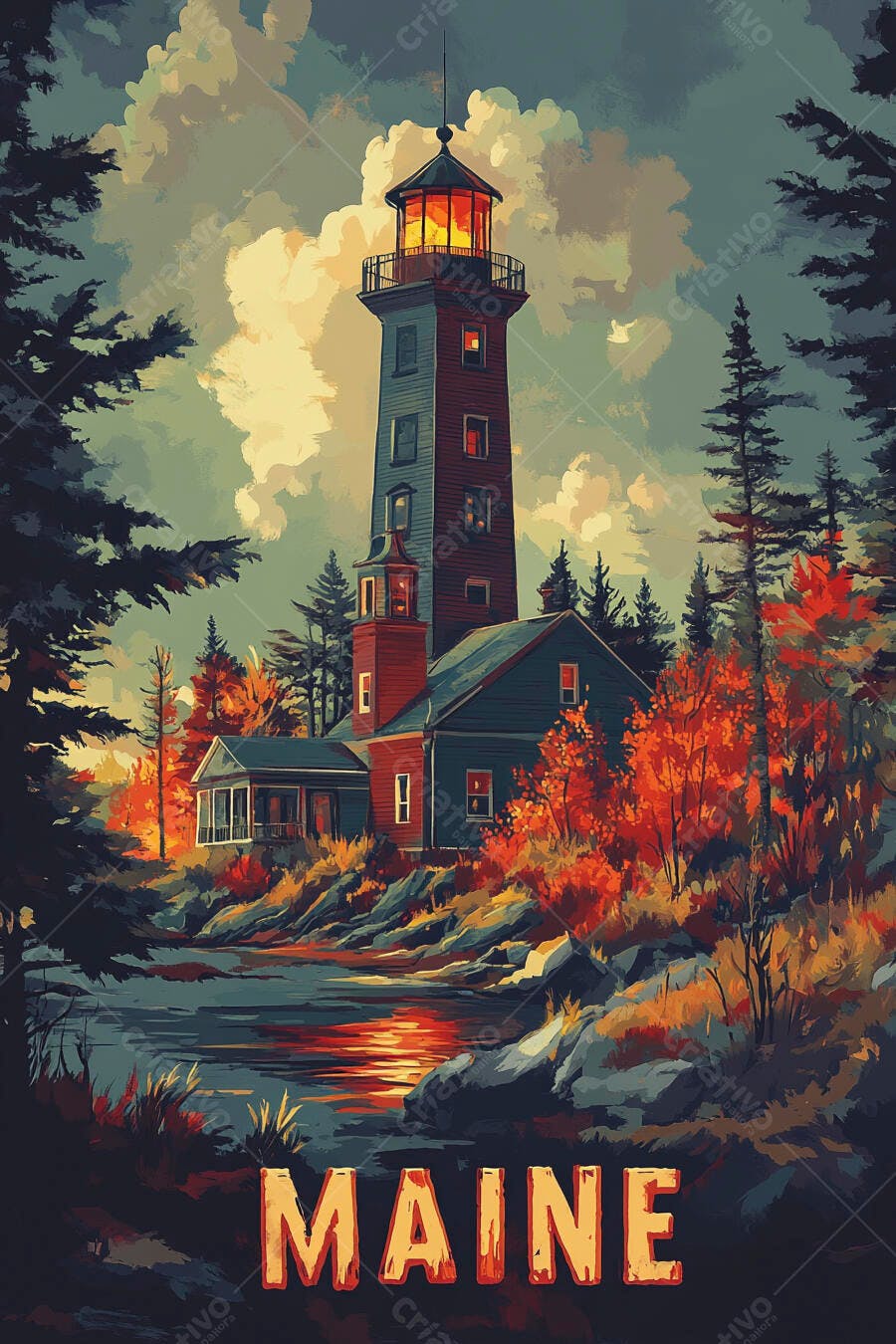 Farol de Maine vermelho e azul paisagem outonal ao lado da água
