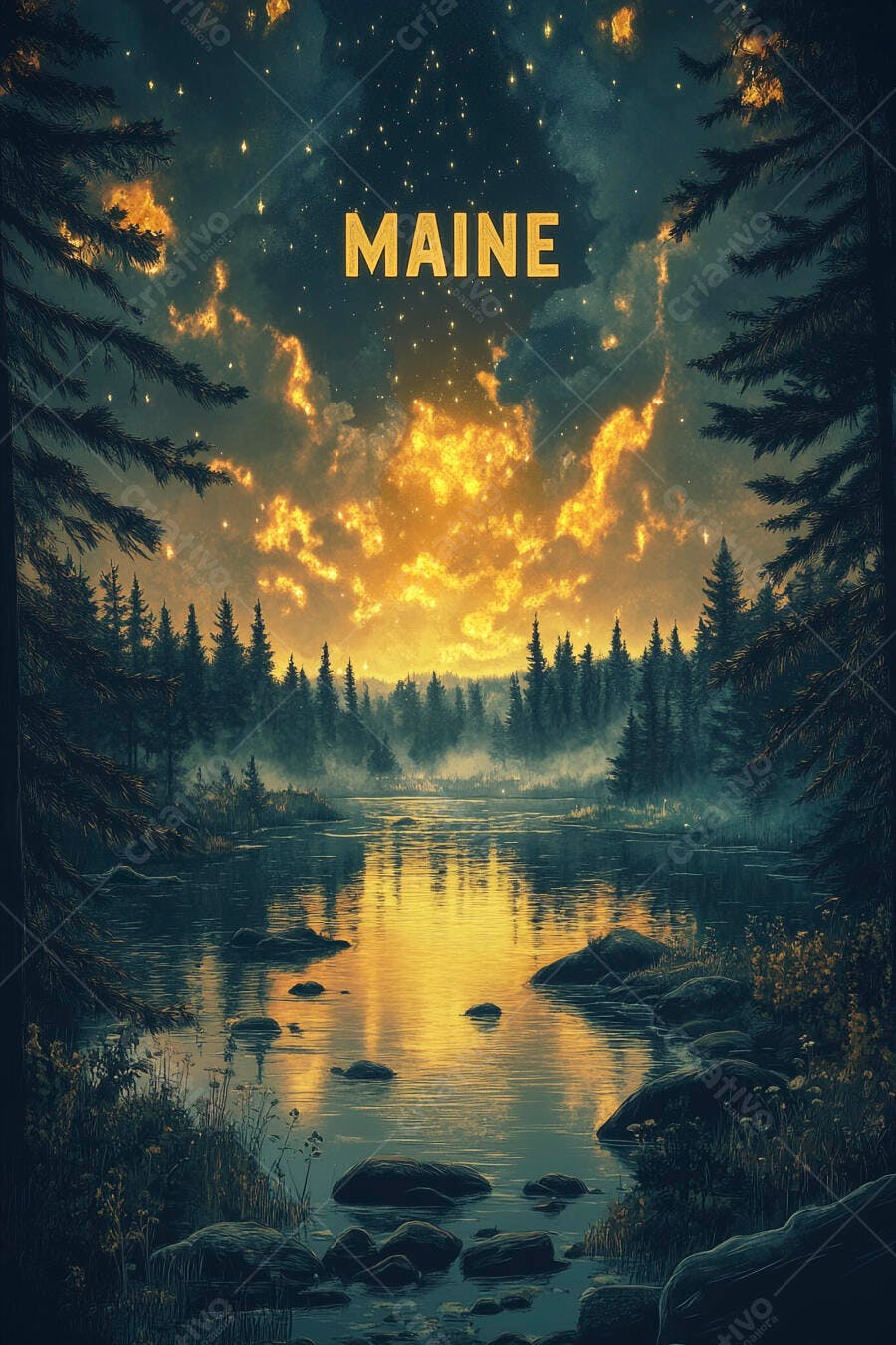 Paisagem do Maine rio floresta céu noturno laranja e azul profundo