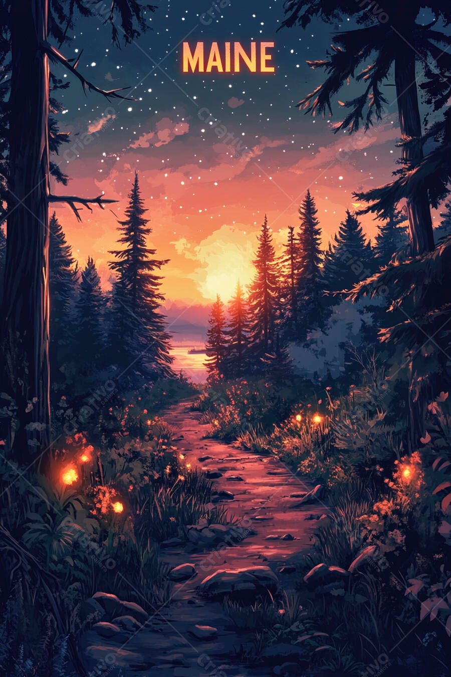 Trilha na floresta do Maine ao pôr do sol com céu estrelado e pinheiros coloridos