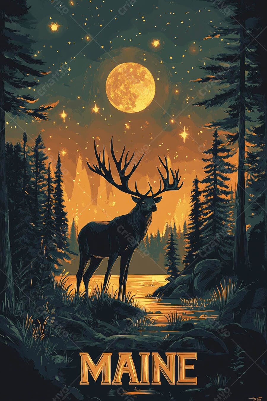 Alce majestoso em floresta noturna sob lua cheia no Maine