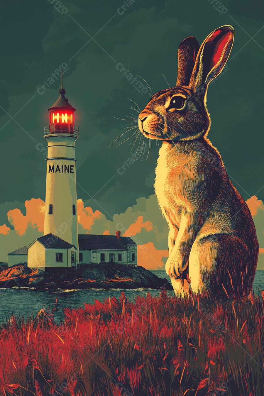 Coelho gigante na grama vermelha com farol do Maine ao pôr do sol vibrante