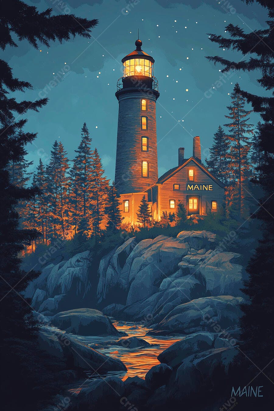 Farol de pedra e casa costeira iluminados à noite em Maine com céu estrelado