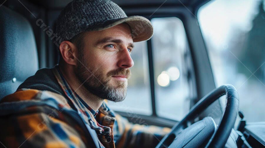 Homem motorista com barba e boné em camisa xadrez olhando a estrada