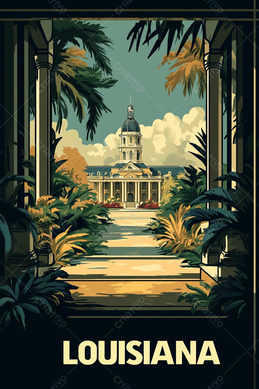 Capitólio da Louisiana ilustrado com cúpula palmeiras e caminho dourado