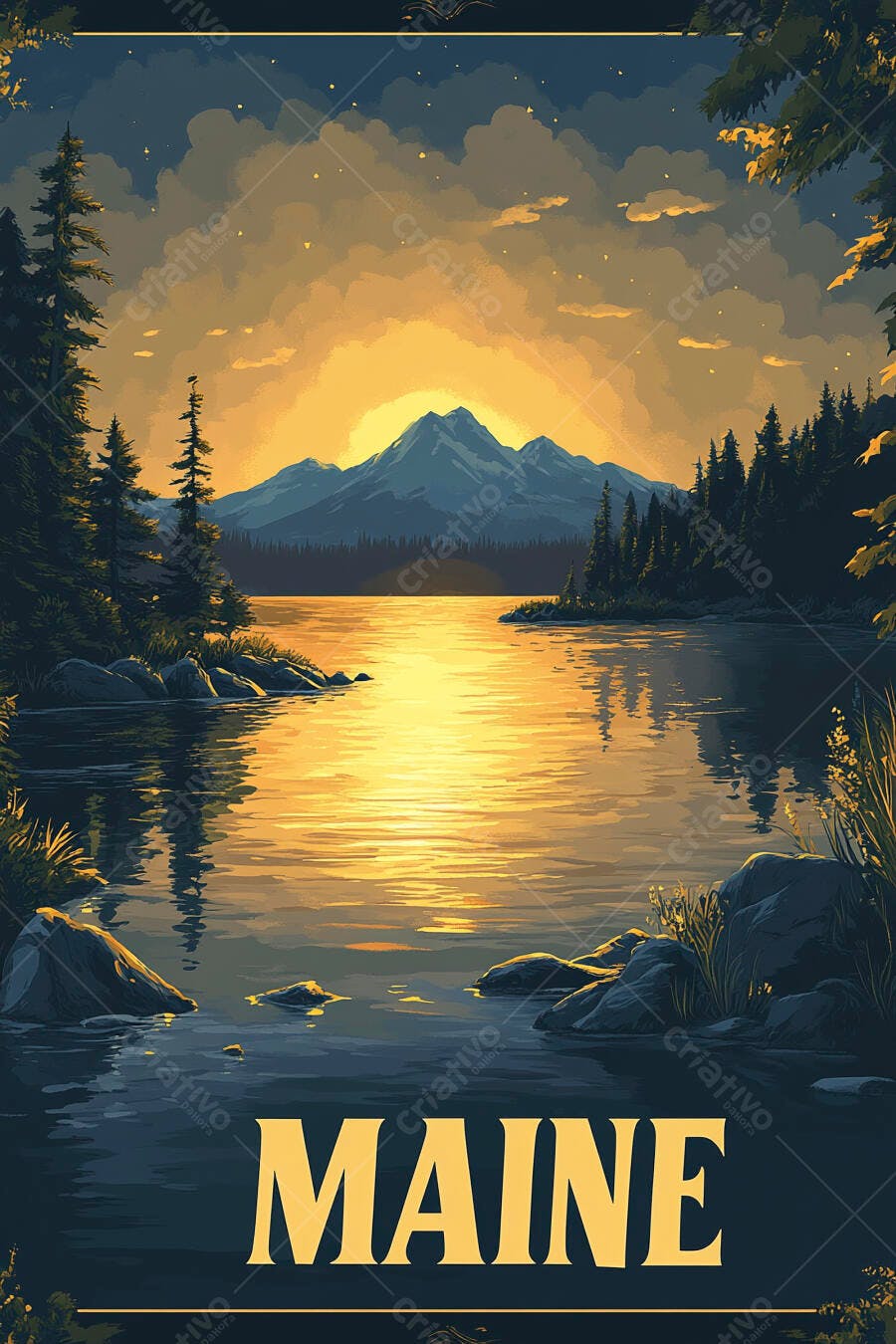Paisagem ilustrada do Maine com montanhas lago e pinheiros ao pôr do sol dourado