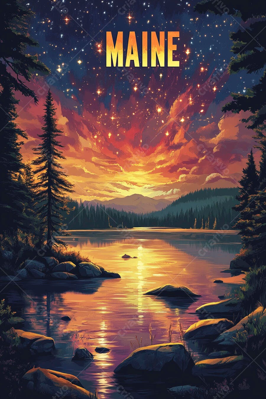 Paisagem de Maine lago com pôr do sol vibrante e céu estrelado pinheiros verdes
