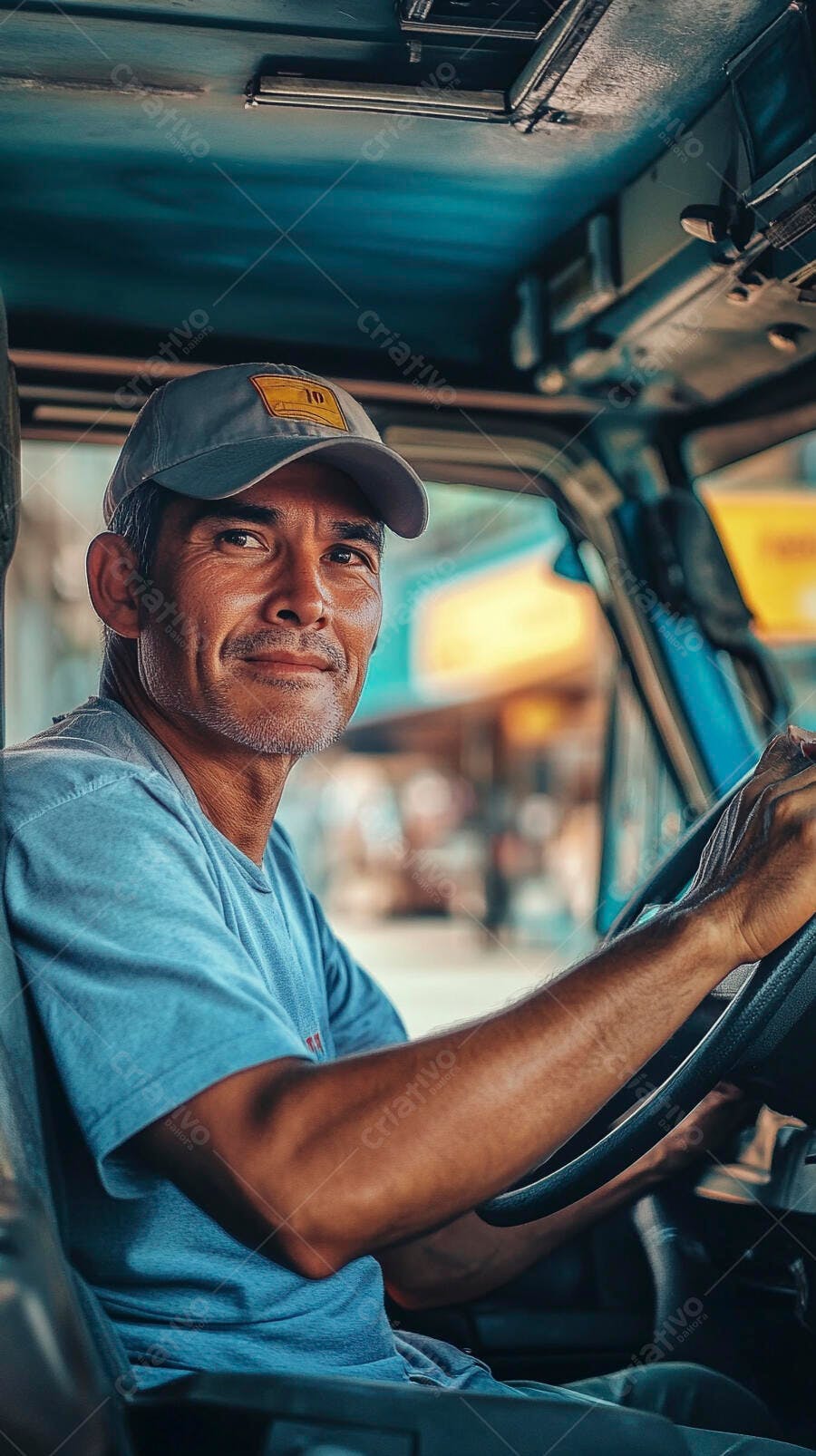 Motorista latino de camisa azul e boné cinza sorrindo ao volante em dia ensolarado