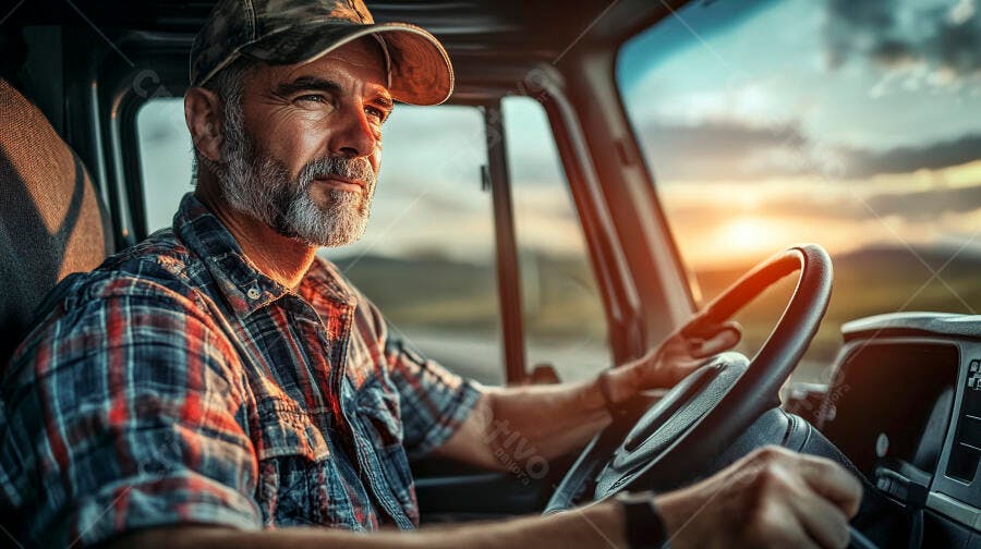 Homem de barba grisalha e camisa xadrez dirigindo caminhão ao pôr do sol