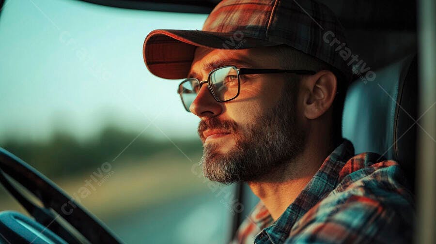 Homem motorista com barba e óculos dirigindo caminhão ao pôr do sol