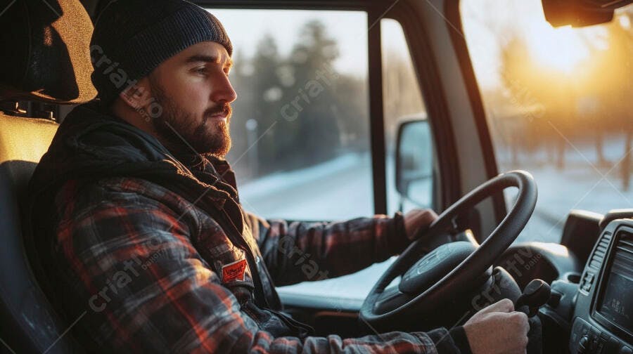 Homem caucasiano barbudo de gorro e camisa xadrez dirigindo caminhão em estrada nevada ao nascer do sol