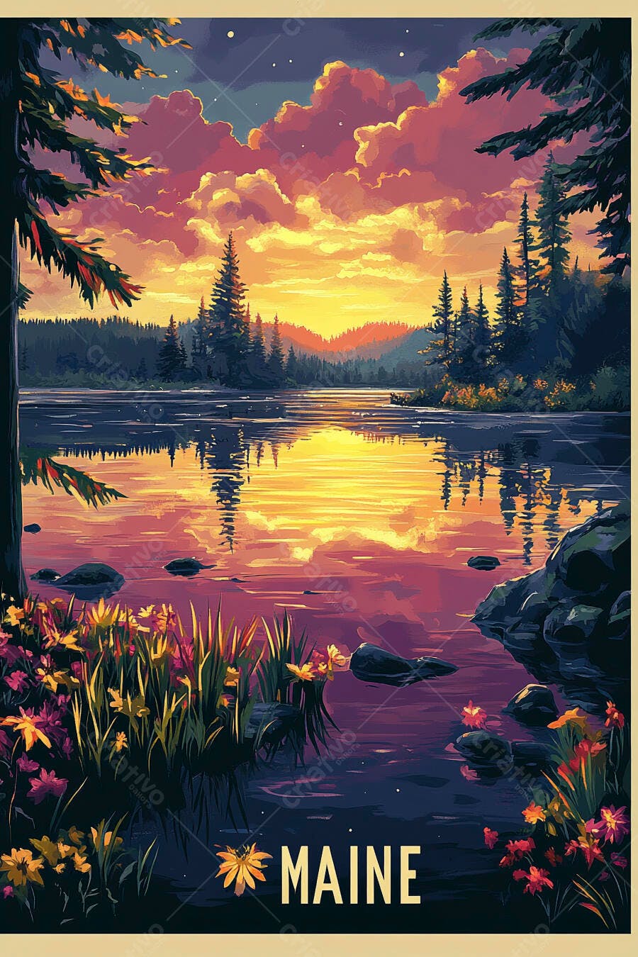 Paisagem vibrante do Maine ao pôr do sol com lago e floresta de pinheiros