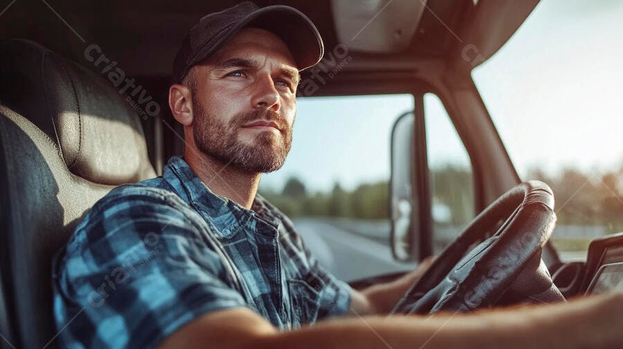 Homem caucasiano motorista de caminhão com barba dirigindo na estrada ao pôr do sol