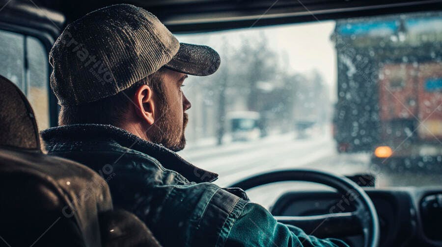 Homem motorista de caminhão dirigindo em estrada nevada no inverno