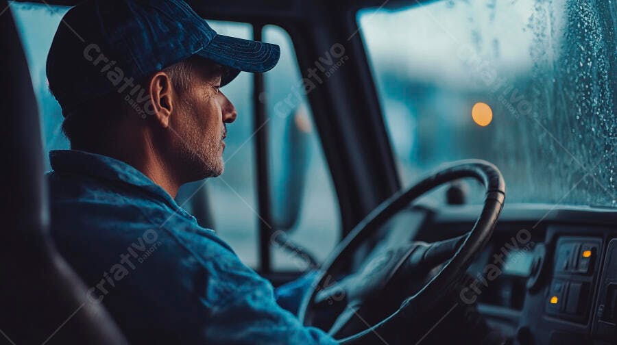 Motorista de caminhão caucasiano dirigindo na chuva à noite com expressão focada