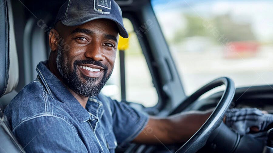 Motorista afro-americano sorrindo ao volante de um caminhão