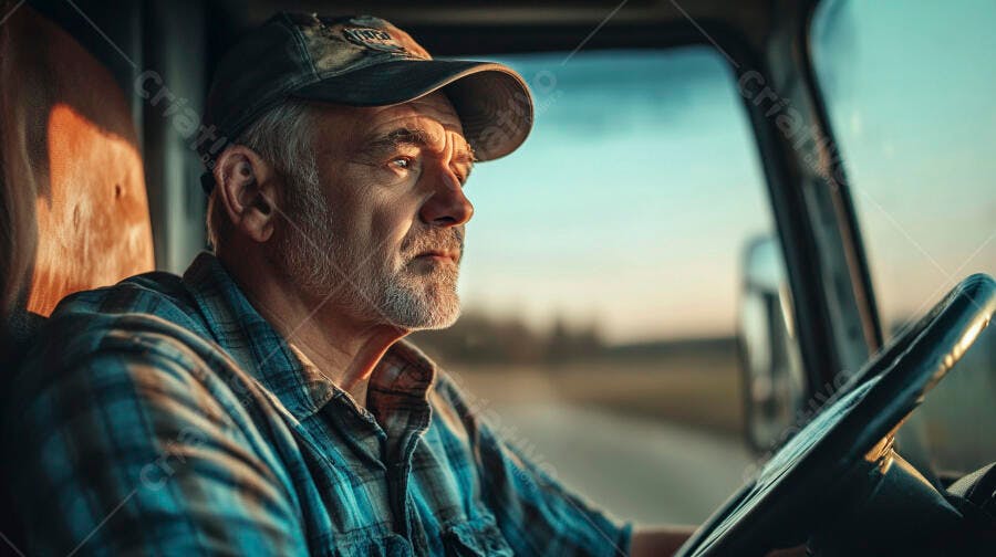 Motorista de caminhão homem de barba grisalha dirigindo na estrada ao pôr do sol