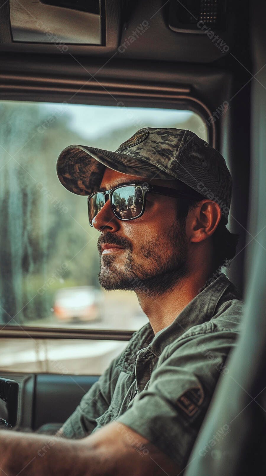 Homem barbudo de boné camuflado e óculos de sol dirigindo carro