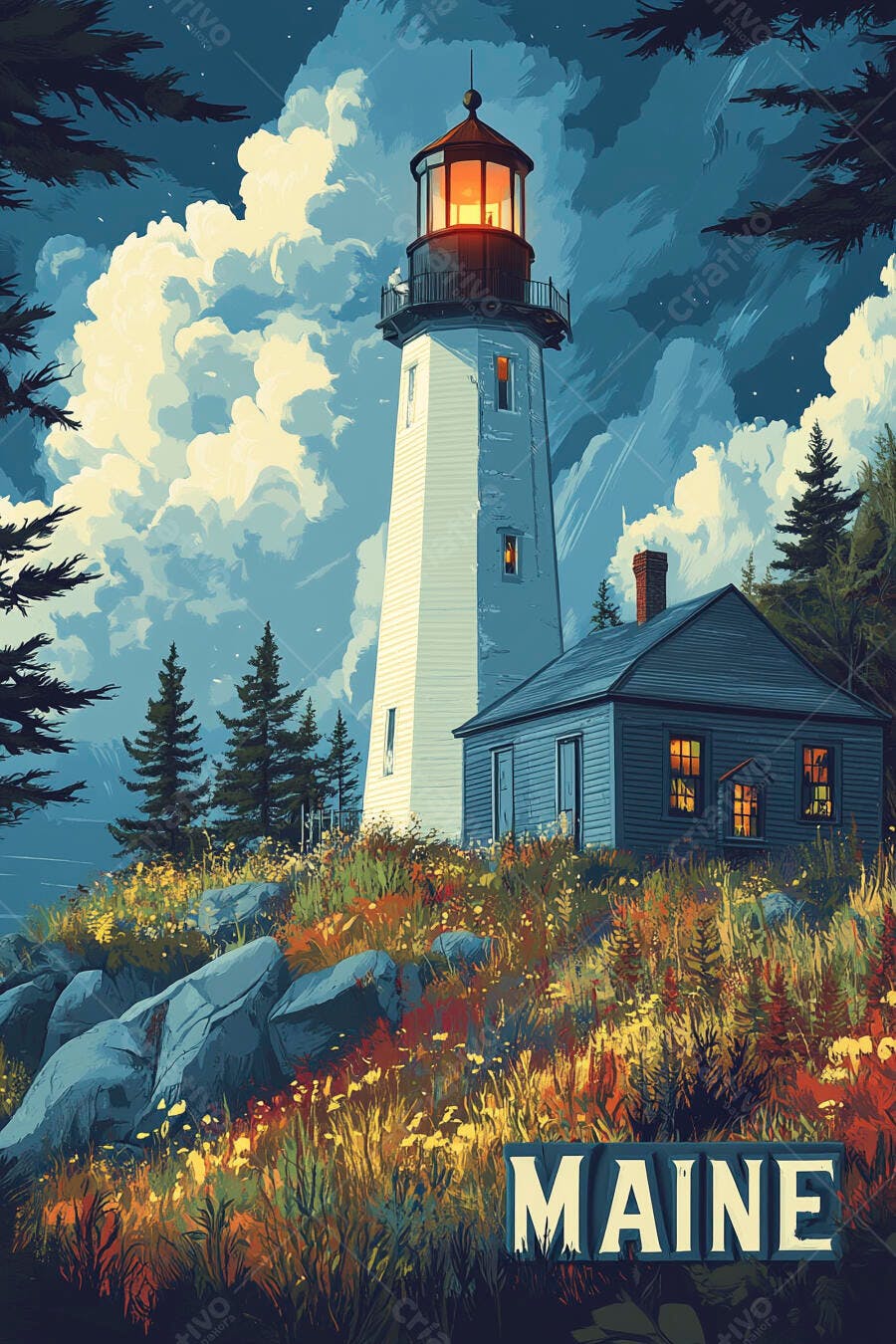 Farol branco e casa azul na costa rochosa do Maine ao anoitecer