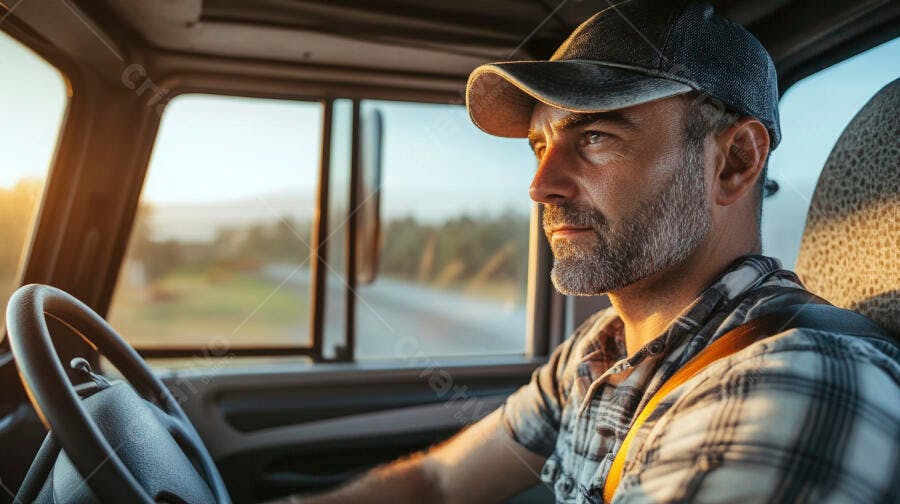 Homem caucasiano caminhoneiro com boné e camisa xadrez dirigindo caminhão ao entardecer