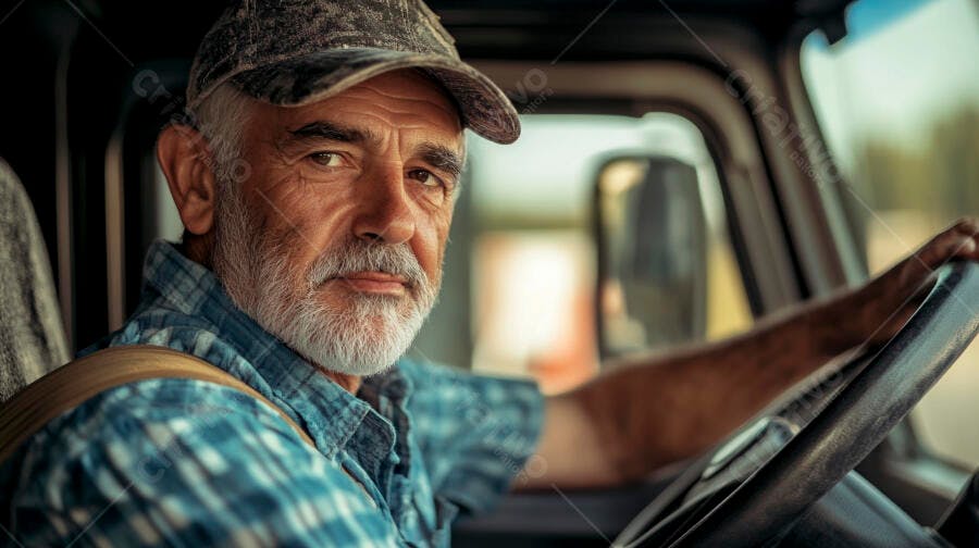 Homem idoso motorista de caminhão com barba branca e camisa xadrez azul