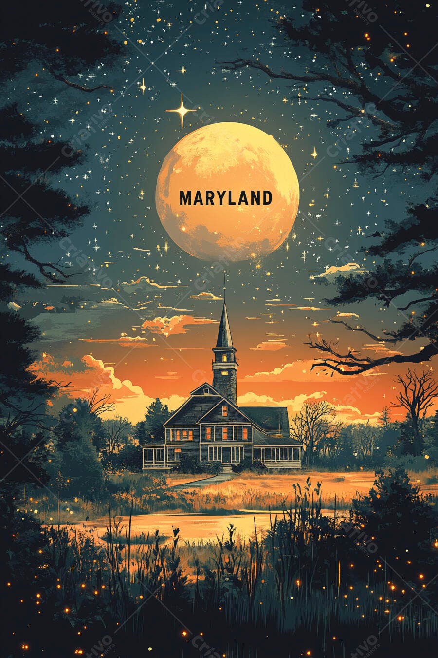 Igreja rural em Maryland ao anoitecer com lua cheia laranja e estrelas