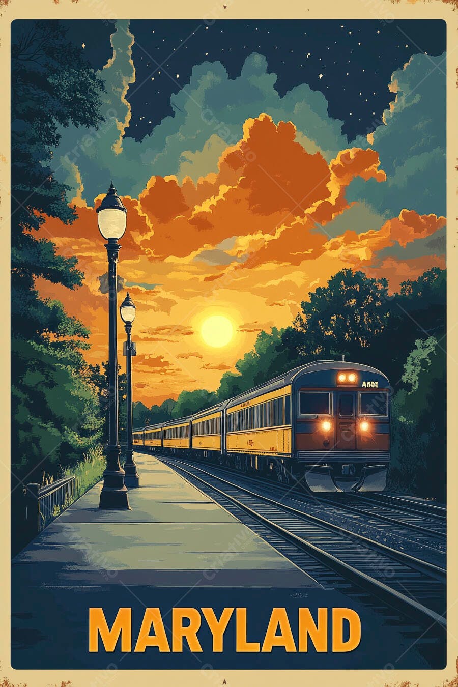 Trem amarelo na estação ao pôr do sol em Maryland arte retrô