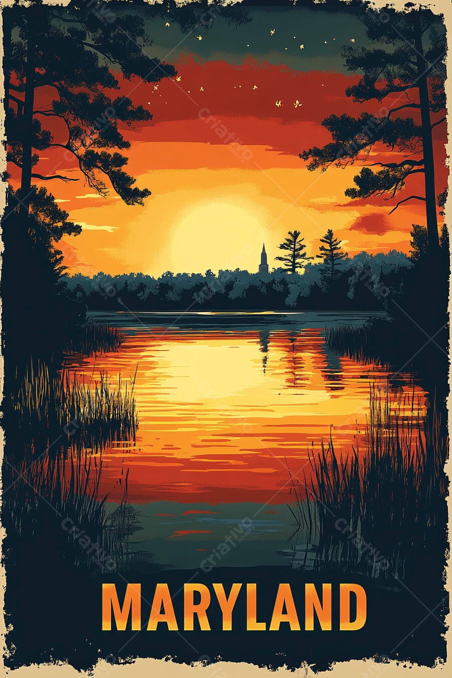 Pôr do sol laranja Maryland lago com floresta e torre de igreja silhuetada