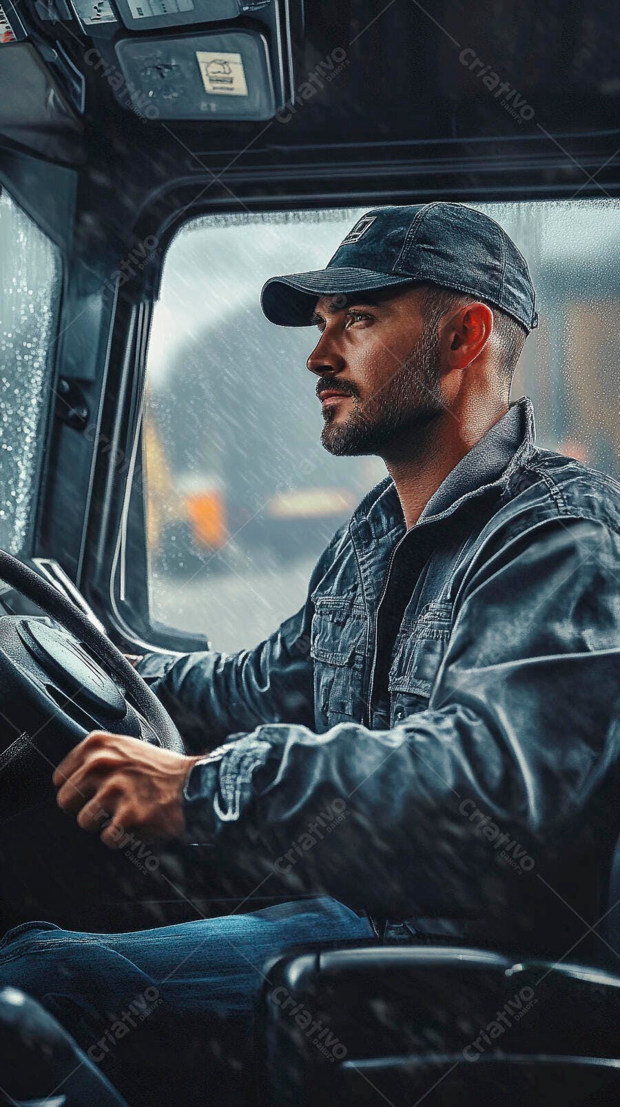 Homem motorista de caminhão focado dirigindo na chuva