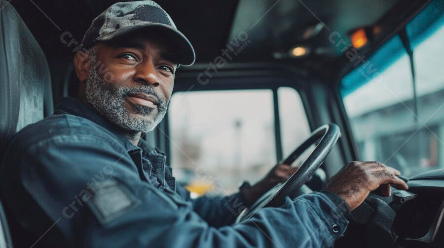 Homem negro motorista de caminhão com barba grisalha no trabalho