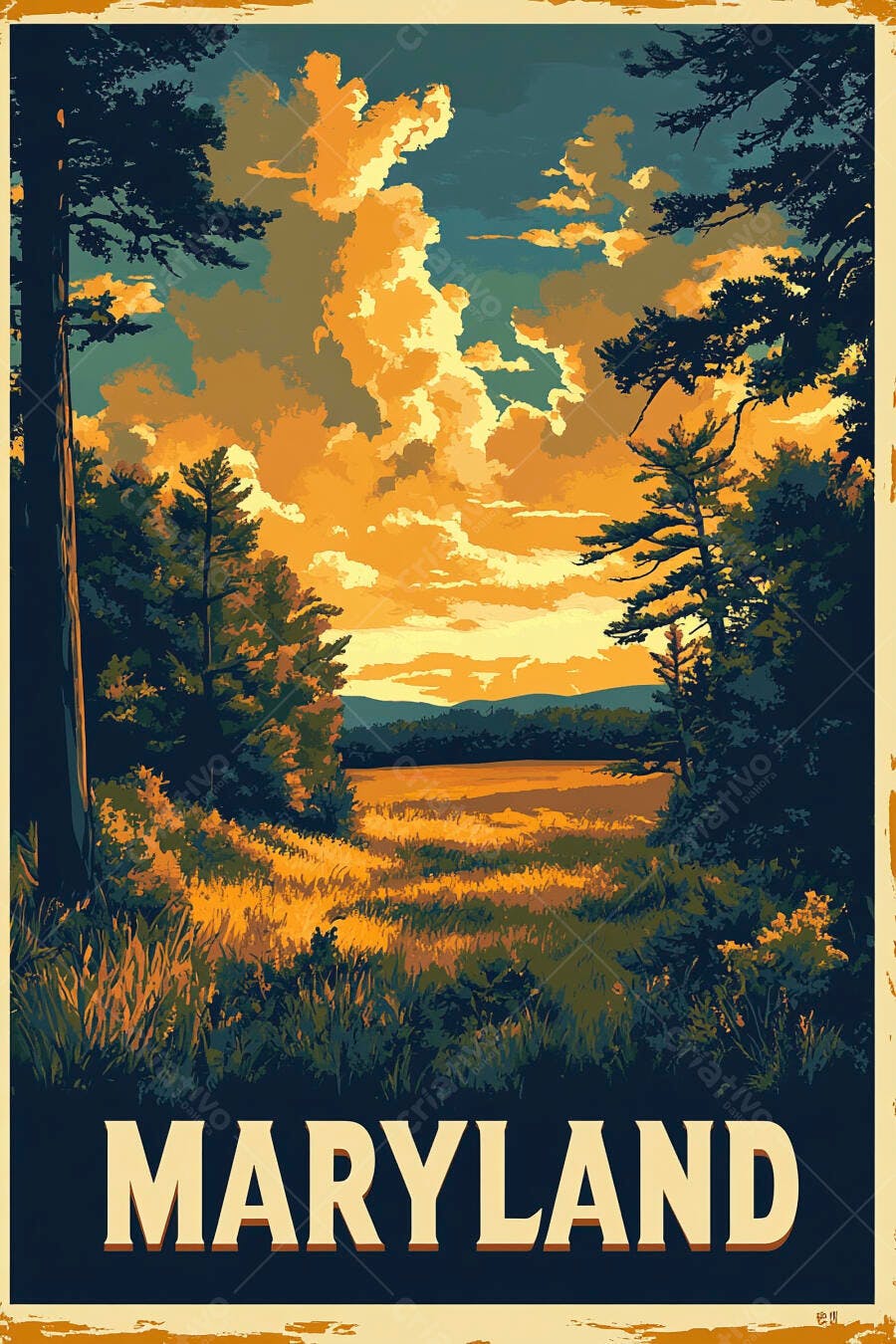 Pôster vintage Maryland pôr do sol dourado sobre campo e pinheiros
