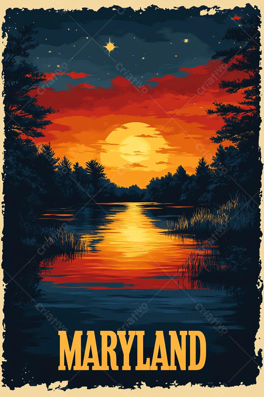 Pôr do sol alaranjado sobre lago floresta Maryland ilustração vintage