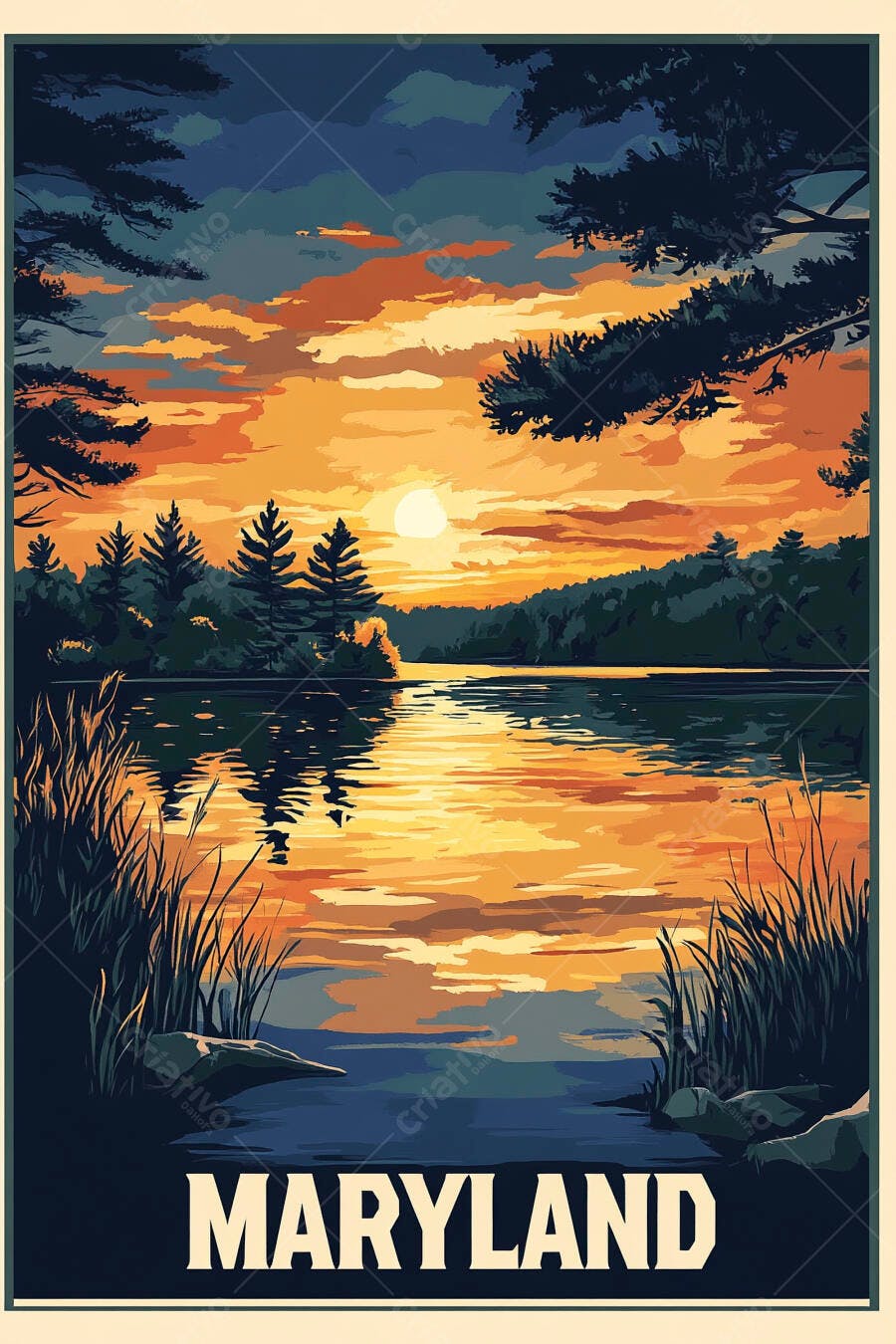 Pôster vintage Maryland pôr do sol alaranjado sobre lago com floresta e reflexos