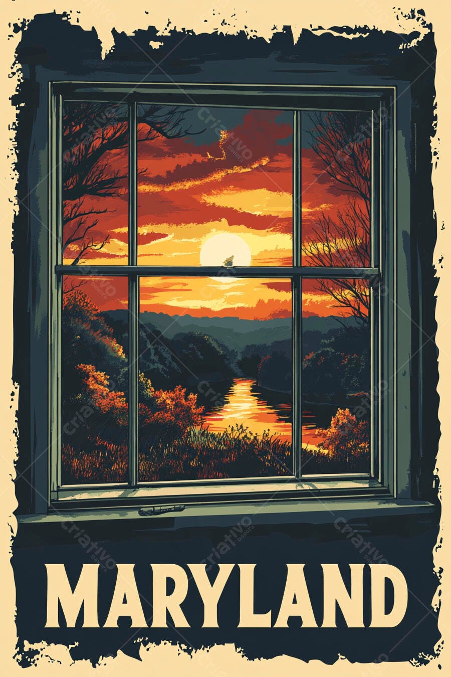 Pôr do sol laranja e vermelho no rio visto da janela em Maryland