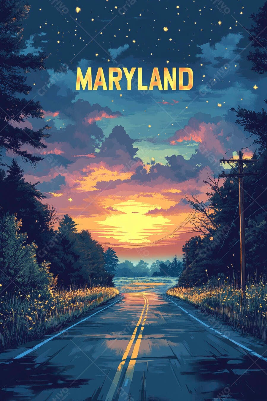 Pôr do sol em Maryland estrada rural com céu laranja e estrelas