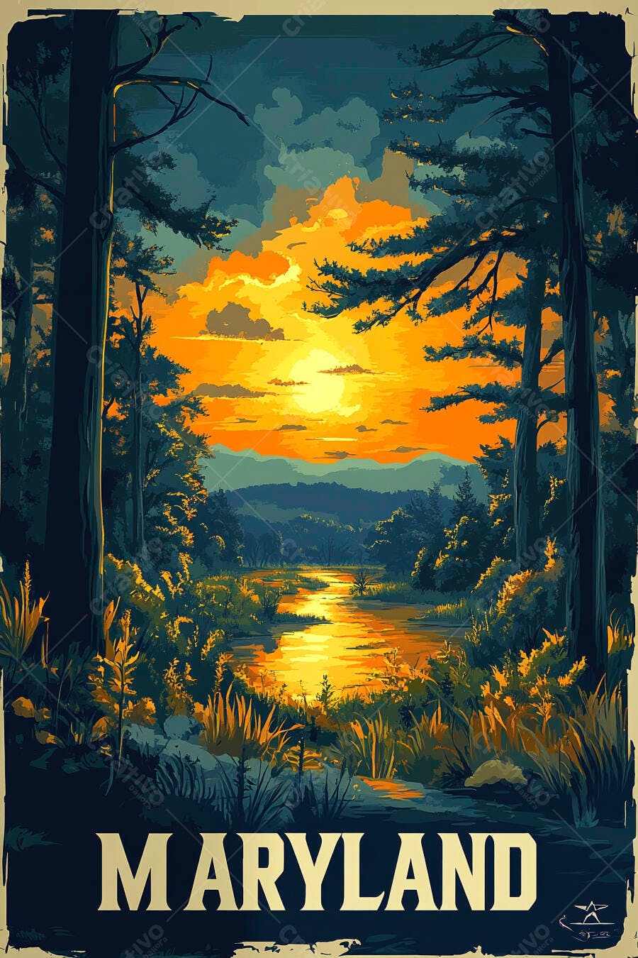 Pôr do sol dourado em rio cercado por floresta densa Maryland