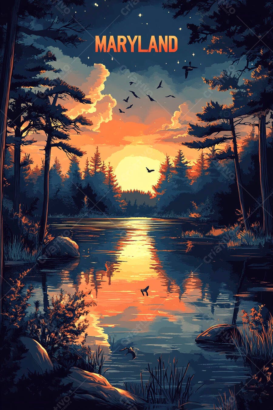 Pôr do sol vívido sobre lago de Maryland floresta escura e pássaros voando ilustração