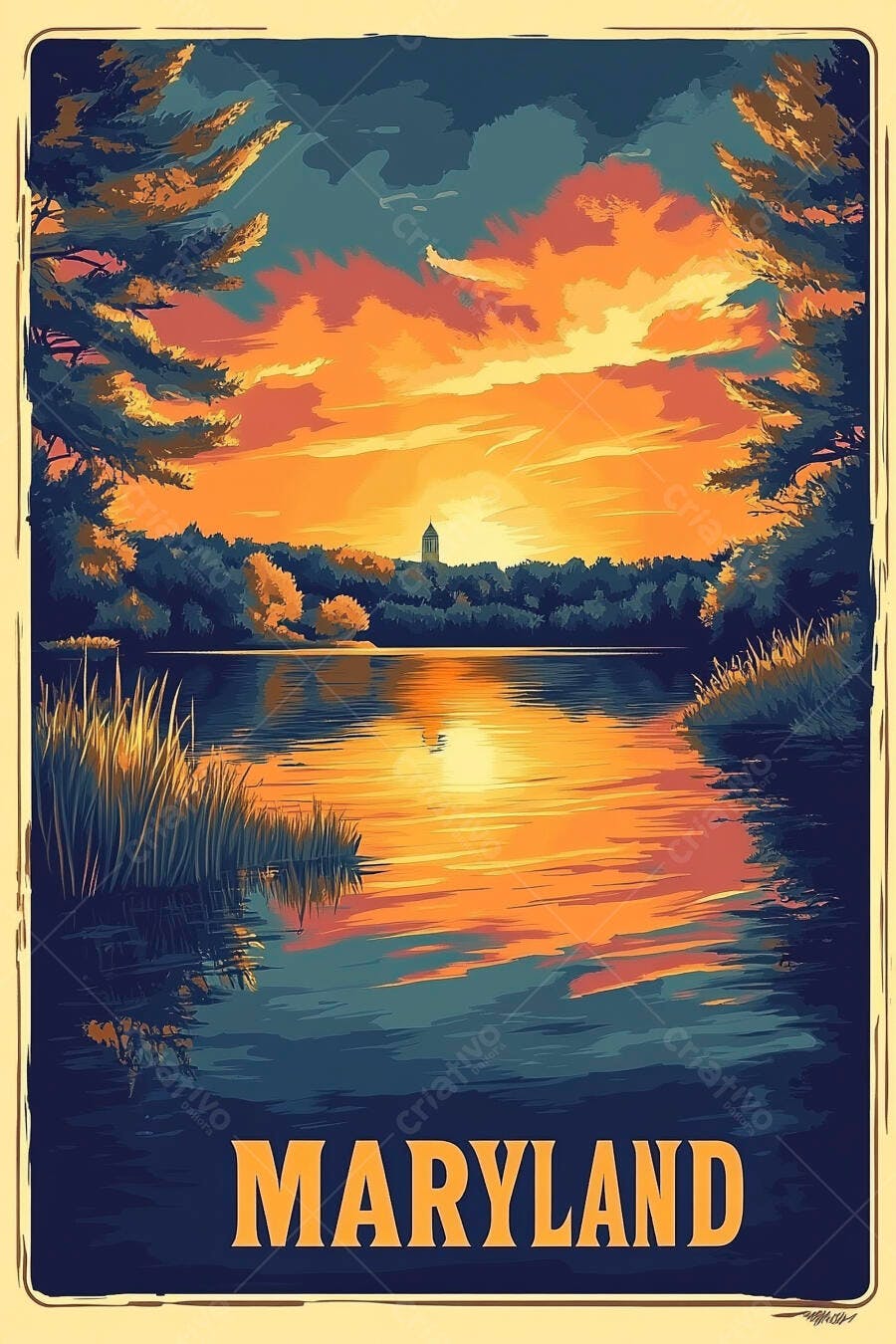 Pôr do sol vibrante sobre lago em Maryland ilustração vintage