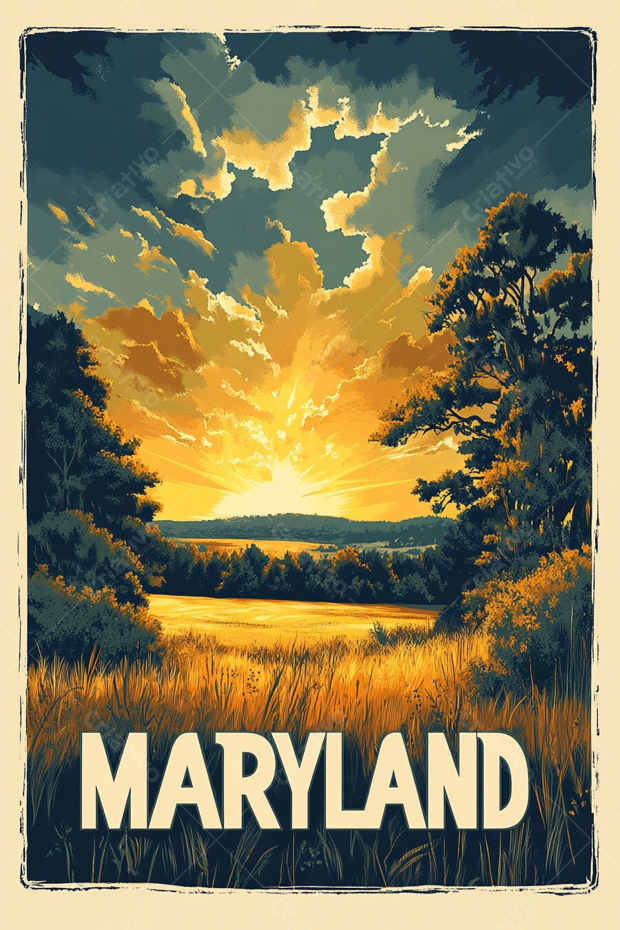 Paisagem de Maryland pôr do sol dourado sobre campos e florestas estilo pôster vintage