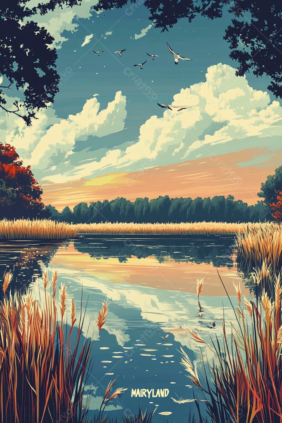Lago sereno com aves voando ao amanhecer entre juncos e árvores