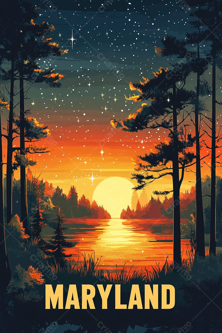 Paisagem Maryland pôr do sol sobre lago com estrelas e árvores